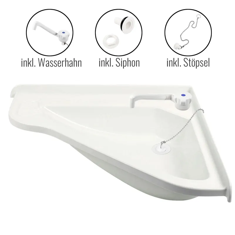 Bestpreis Eckwaschbecken groß im Komplettpaket, 58 x 54 x 9 cm, weiß