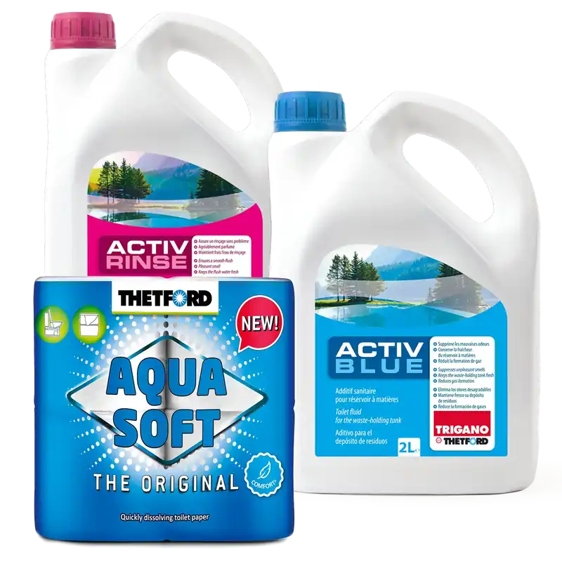 Set Thetford Activ Blue & Activ Rinse Toiletten Zusatz je 2 Liter + Aqua Soft Saisonangebot