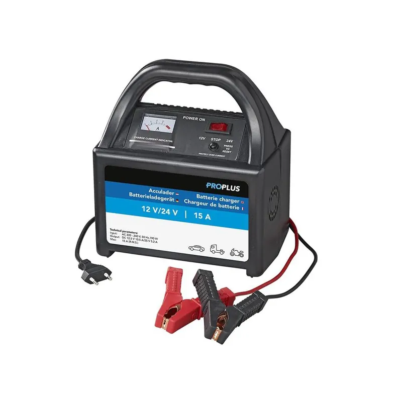 Garantierte Lieferung Batterieladegerät 12V/24V 15A Ladeelektronik für KFZ Ladeleitung mit Polzangen