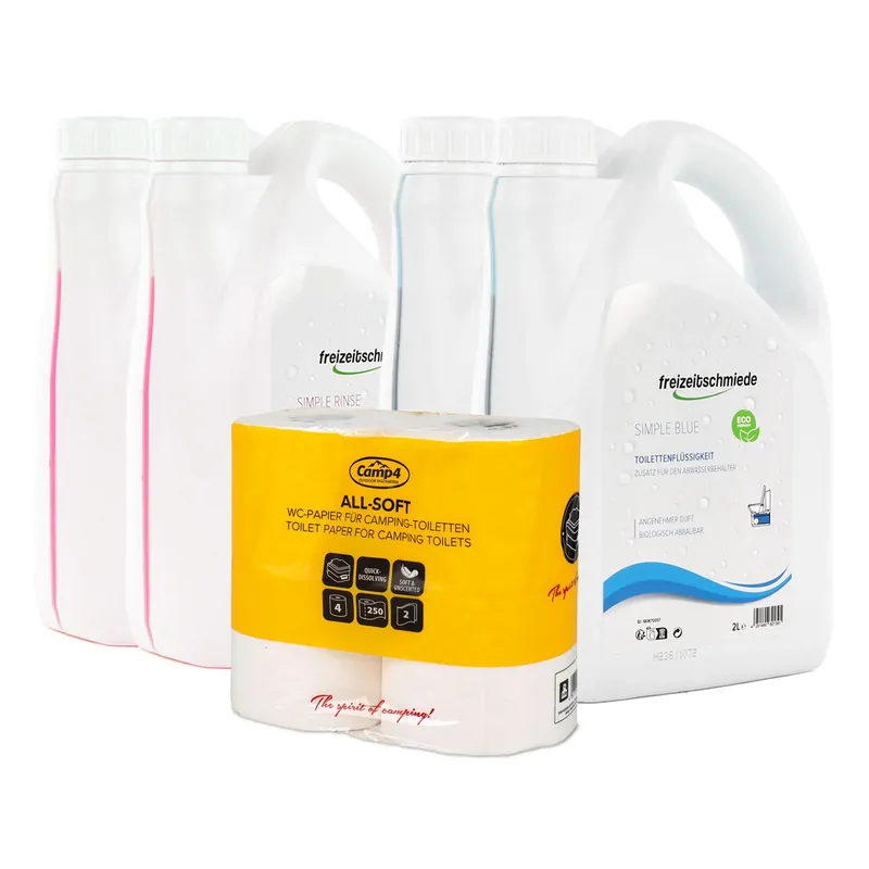 Direktkauf Freizeitschmiede Set Sanitärzusatz Simple Blue & Rinse je 4L & All Soft Toilettenpapier