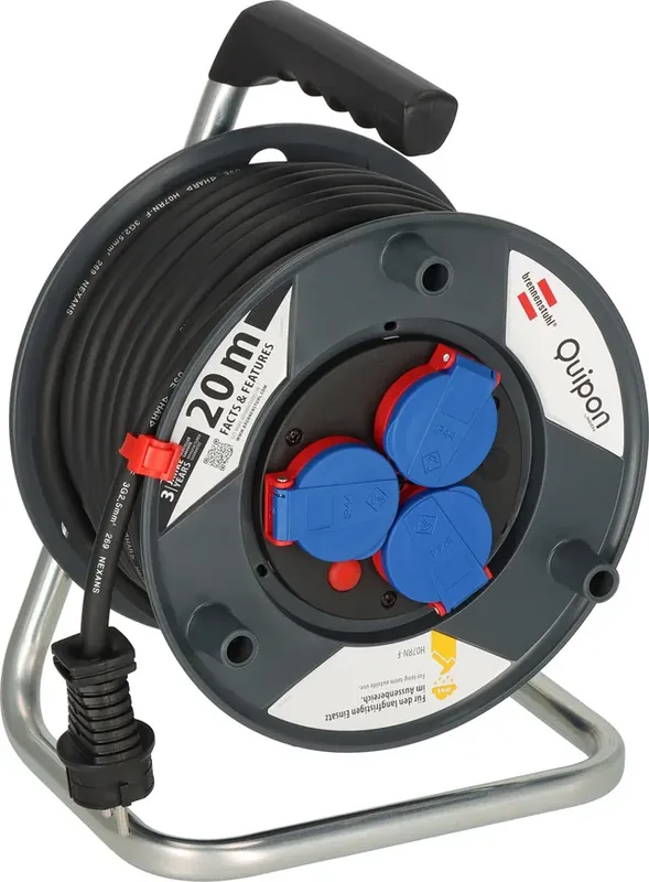 Bestpreis Kabeltrommel Quipon SPIN 20 m schwarz 3 x 2,5 RN-F Kabel 3 SchuKo-Steckdosen