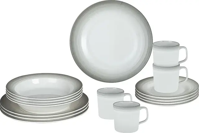 Preis Gesenkt Geschirrset Melamin BRUNNER Astralys 16-tlg. Fb. weiß/grau je 4 Ess-, Suppen-, Dessert- teller, Henkelbecher