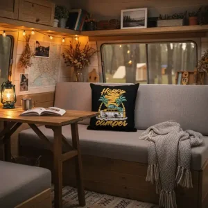 Geprüft Wohnmobil Kissenbezug: Happy Camper in schwarz